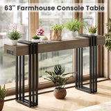 Curlaky 63" Long Console Table for Entryway - Behind Couch Table for Living Room, Wood Sofa Tables with Black Parallel Metal Frame & Power Outlet for Hallway, Entrance, Narrow Foyer, Light Walnut Curlaky