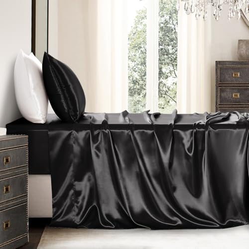 GOLAL Satin Sheets Twin Size - 3 Pieces Luxury Silky Soft Bed Sheets for Kids, Wrinkle-Free Black Satin Silk Sheet Set with 1 Deep Pocket Fitted Sheet, 1 Flat Sheet, 1 Pillow case GOLAL