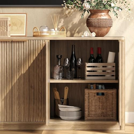 Evermagin 67" Fluted Oak Buffet Cabinet Sideboard with Storage, Large Credenza with 6 Doors, Wood Mid Century Modern Sideboard for Kitchen and Living Room (67"*31.5"*15.7") Evermagin