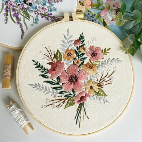 Myfelicity Embroidery Kit, 4 Flower Pattern Embroidery Set with 4 Patterns and 2 Hoops, Adult and Beginner Needlepoint Kit with Embroidery Floss, Needles, Cotton Fabric and Instructions… Myfelicity