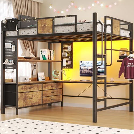 Loft Bed with Desk,Full Size loft bed, Loft Beds Full Size with 5 Fabric Storage Drawers & Stairs,Charging Station&LED Lights,Metal Bunk Bed with Desk, Removable Guard Ladder, Noise Free, Brown BYSAUD