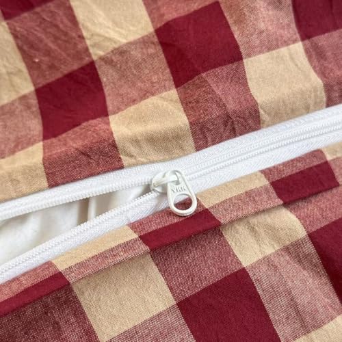 PinkMemory Red Gingham Duvet Cover Set Queen 100% Washed Cotton Beige Plaid Checkered Duvet Cover Full 3pcs Modern Grid Gingham Bedding Set with Zipper Closure Ultra Soft Breathable PinkMemory