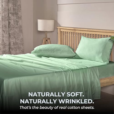 Mayil Manor 100% Natural Cotton Sheets Queen Size Bed Set | 500 TC Single-Ply Sateen Weave | Soft, Breathable, Hypoallergenic Solid 4-Piece Bedding with Deep Pocket Fitted, Flat, Pillowcase | Sage Mayil Manor