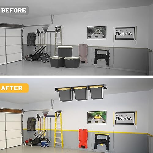 WALMANN Overhead Tote Storage Rail System, Garage Ceiling Bin Storage Rack Heavy Duty Adjustable Tote Slide Garage Storage System(for 3 Bins, Bins are not included) WALMANN