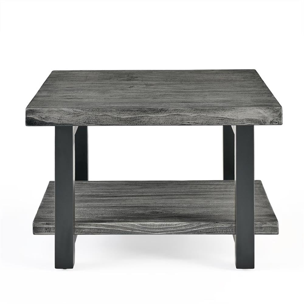 Pomona 27 in. Metal and Solid Wood Square Coffee Table, Slate Gray: Solid Wood & Metal Industrial Square Coffee Table w/ Slate Gray Finish - Solid Pine Wood Tabletop & Shelf Alaterre Furniture