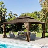 Domi Hardtop Gazebos 10x14FT, Aluminum Metal Gazebo with Galvanized Steel Double Roof Canopy, Curtain and Netting, Permanent Gazebo Pavilion for Patio, Backyard, Deck and Lawn, Brown domi outdoor living