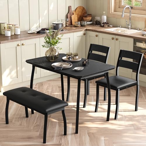 IDEALHOUSE 43'' Dining Table Set for 4, Wooden Kitchen Table with Upholstered Bench & 2 Cushion Chairs, Industrial Dinette Set for Studio, Kitchen, Dining Room, Apartment, Black IDEALHOUSE