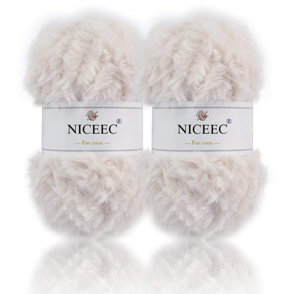 NICEEC 2 Skeins Faux Fur Yarn Super Soft, Chunky & Fluffy, Eyelash Yarn for Crochet & Knitting (Total Length 70yds,3.53oz) - White NICEEC
