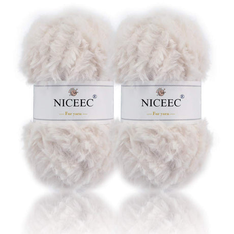 NICEEC 2 Skeins Faux Fur Yarn Super Soft, Chunky & Fluffy, Eyelash Yarn for Crochet & Knitting (Total Length 70yds,3.53oz) - White NICEEC