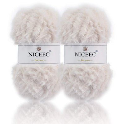 NICEEC 2 Skeins Faux Fur Yarn Super Soft, Chunky & Fluffy, Eyelash Yarn for Crochet & Knitting (Total Length 70yds,3.53oz) - White