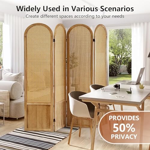Asnefeli Room Divider 4 Panel Folding Privacy Screen for Bedroom Home Office Separation, Freestanding Wood Partition Wall, 5.6 Ft Natural Rattan Decor Asnefeli