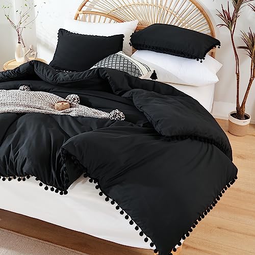 YIRDDEO Full Size Comforter Sets - Full Size Comforter with Ball Pom Fringe, Soft Bedding Set for All Seasons - 3 Pieces, 1 Comforter (79"x90") & 2 Pillow Shams(20"x26"), Black YIRDDEO