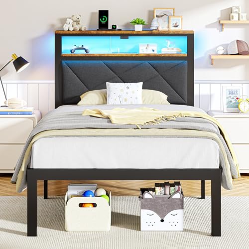 ChicZhiNest Twin Size Bed Frame with 2 Tier Upholstered Storage Headboard and Under Bed Storage,Platform Bedframe with LED Lights and Charging Station, No Box Spring Needed,Easy Assembly,Grey ChicZhiNest