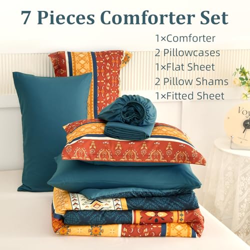 WONGS BEDDING Boho Comforter Set Queen Size,7 Pieces Bed in a Bag Bohemian Striped Bedding Set,Burnt Orange Paisley Floral Comfortet and Sheet Set,Soft Microfiber Bedding Sets for All Season WONGS BEDDING