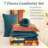 WONGS BEDDING Boho Comforter Set Queen Size,7 Pieces Bed in a Bag Bohemian Striped Bedding Set,Burnt Orange Paisley Floral Comfortet and Sheet Set,Soft Microfiber Bedding Sets for All Season WONGS BEDDING