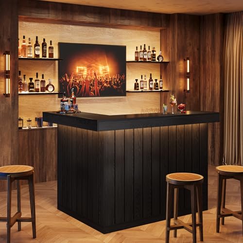 Tribesigns L-Shaped Home Bar Unit, 4-Tier Corner Liquor Bar Table with Storage Shelves and Wine Glasses Holder, Industrial Wine Cabinet Reception Desk for Home Pub (1, Black) Tribesigns
