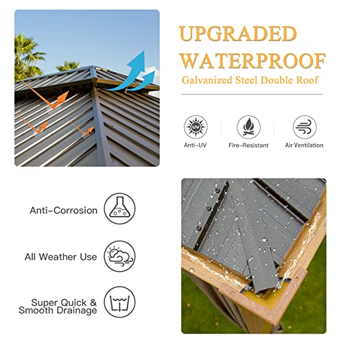 12' x 14' Hardtop Gazebo, Domi Wood Looking Aluminum Gazebo with Galvanized Steel Double Roof, Permanent Metal Gazebo with Curtains and Netting for Patio Lawn and Garden domi outdoor living