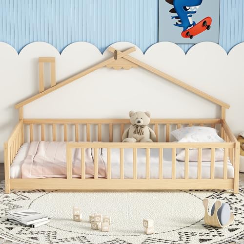 Bellemave Twin Size Montessori Floor Bed with House Roof and Safety Rails - Natural Wood Frame for Kids - WoodArtSupply