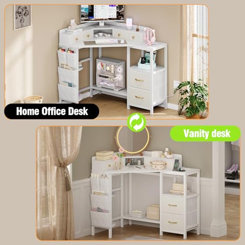 Espelism Corner Vanity Desk with Charging Station, 49.6" Makeup Table with Fabric Drawers & Side Pocket, Space-Saving Dressing Table for Small Space Bedroom Dorm(White) Espelism