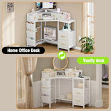 Espelism Corner Vanity Desk with Charging Station, 49.6" Makeup Table with Fabric Drawers & Side Pocket, Space-Saving Dressing Table for Small Space Bedroom Dorm(White) Espelism