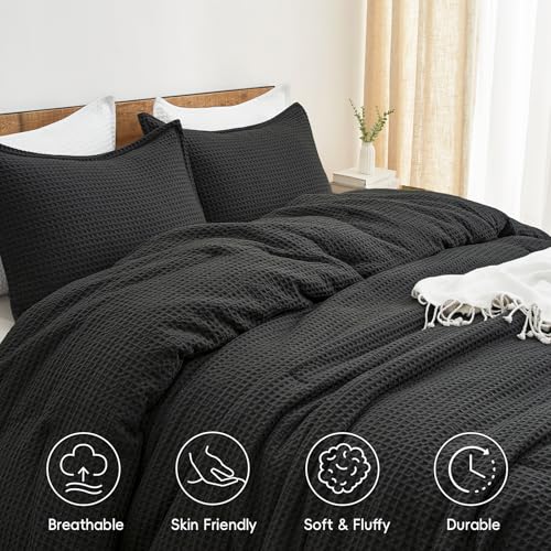 PHF Ultra Soft Waffle Weave Comforter Set Queen Size, 3 Pieces Lightweight Breathable Comfy Bedding Set, Comfy Textured 1 Comforter with 2 Pillow Shams, Black PHF