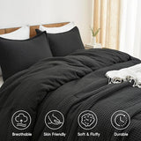 PHF Ultra Soft Waffle Weave Comforter Set Queen Size, 3 Pieces Lightweight Breathable Comfy Bedding Set, Comfy Textured 1 Comforter with 2 Pillow Shams, Black PHF