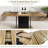 Goujxcy 78.7" Farmhouse Extendable Dining Room Table Set for 6, 7-Piece Rectangle Kitchen Dining Room Table Set with Wood Base and 6 Grey Velvet Dining Chairs, Extending Kitchen & Dining Table Set Goujxcy