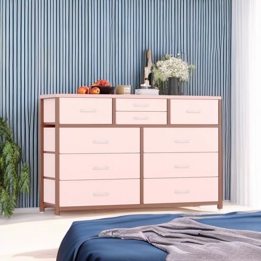 Jojoka Wide 10 Drawer Dresser,TV Stand Entertainment Center Fabric Storage Dressers Drawers for Bedroom, Hallway, Nursery, Closets, Steel Frame, Wood Top (Pink) Jojoka