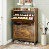 GRUSIGN Shoe Cabinet, Shoe Storage Cabinet with 2 Flip Drawers & Adjustable Shelf, Space-Saving Shoe Organizer – Holds 12+ Pairs, Narrow Shoe Cabinet Storage for Entryway/Hallway（Brown） GRUSIGN