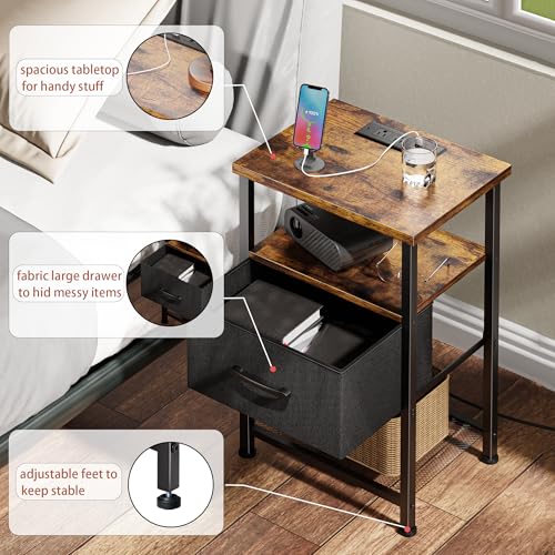 LAKEMID Nightstands Set of 2 with Charging Station and Drawer, End Table Bedside Table with 20 Colors LED Light Strip and 2 Layers Shelf for Bedroom Living Room Sofa (Rustic Brown) LAKEMID