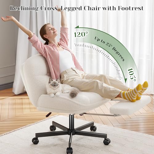 DurayLoly Cross Legged Office Chair with Foot Rest, 6.3" Thick Cushioned Criss Cross Chair with Wheels, Height Adjustable Swivel Vanity Chair for All-Day Comfort (White) DurayLoly