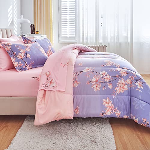AIKASY Pink and Light Purple Queen Comforter Set with Sheets,Bed in a Bag 7-Pieces,Branches and Flowers Printing Design,Ultra Soft Down Alternative All Season Bedding Set(Queen,Blossom Stem) AIKASY