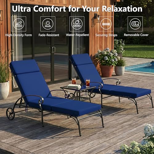 Honorbox 72 x 21 Inch Outdoor Chaise Lounge Cushions Set of 2 - Removable Cover, 4-Section Design, Water-Repellent & Fade-Resistant, 6 Tie Straps, Replacement for Patio & Pool Chairs - Navy
