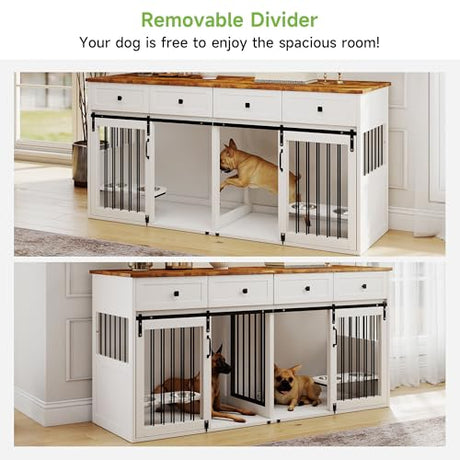 Real Relax Large Dog Crate Furniture, 71” Multi-Purpose Dog House w/Double Rooms, Divider and Sliding Barn Door, Steel Frame Indoor Double Dog Crate for Medium Small Dogs, White Real Relax