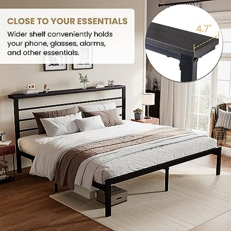 SHA CERLIN King Size Bed Frame with Headboard Shelf and Strong Metal Foundation, No Box Spring Needed, Black SHA CERLIN