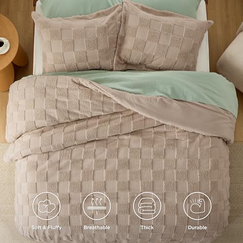Bedsure Queen Size Comforter Set Khaki, Boho Tufted Bed Set, Checkered Farmhouse Shabby Chic Bedding, 3 Pieces, 1 Plaid Geometric Comforter and 2 Pillow Shams Bedsure