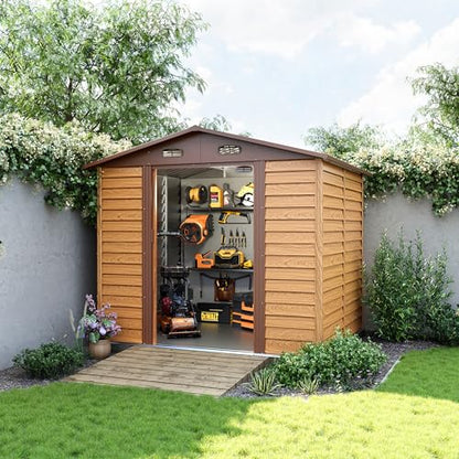 HAPPATIO 8x6' Outdoor Storage Shed, Wood Grain Galvanized Metal Shed with Double Sliding Doors, Foundation, Tool Storage Sheds for Garden, Patio, Backyard - WoodArtSupply