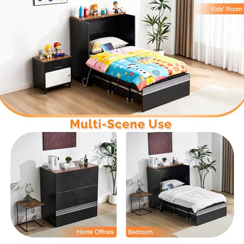 VINGLI Twin Size Murphy Bed with Storage Drawer,Smart LED Lighting & Built-in Charging Station, Space-Saving Cabinet Bed for Kids,Adults & Guests,Classic Black VINGLI