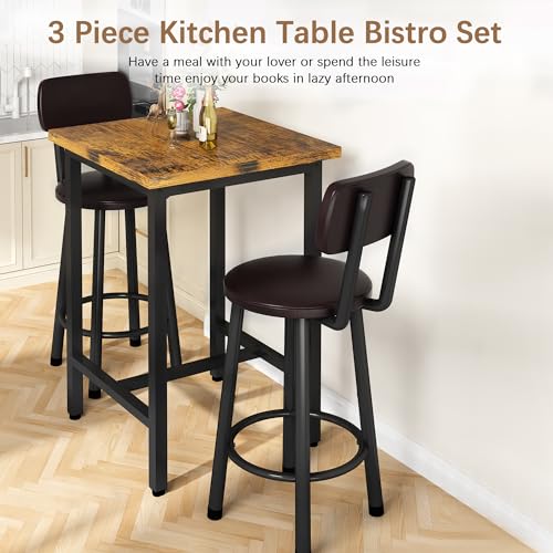 Recaceik 3 Piece Pub Dining Set, Modern bar Table and Stools for 2 Kitchen Counter Height Wood Top Bistro Easy Assemble for Breakfast Nook Living Room Small Space Restaurant, Rustic Brown 24” Recaceik