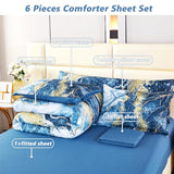 PERFEMET 6 Piece Blue Comforter Set Full Bed in A Bag Set Aesthetic Capri Blue and Gold Marble Bedding Set with Sheets Soft Luxury Watercolor Burning Mountain Printed Bedroom Sets(Capri Blue, Full) PERFEMET
