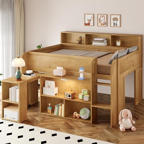 SOFTSEA Full Size Low Loft Bed with Desk & Storage, Solid Wood Kids Loft Bed with Portable Desk, Storage Bookshelves & LED Lights for Kids Juniors Boys Girls, Walnut SOFTSEA