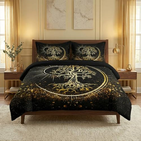 WeCozy Full Size Comforter Set with 2 Pillowcases, Black Sun and Moon 3 Pcs Bedding for Kids and Adults, Nature Tree of Life Soft Comforter Set for Bedroom Bed Decor WeCozy