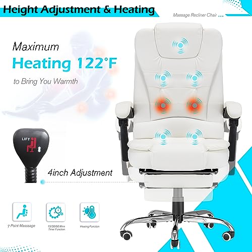 YODOLLA Ergonomic Reclining Office Chair with 7 Massage Points and Heat Function, Leather Executive Home Desk Chair w/Retractable Footrest, High Back Swivel Computer Chair, Cream White YODOLLA