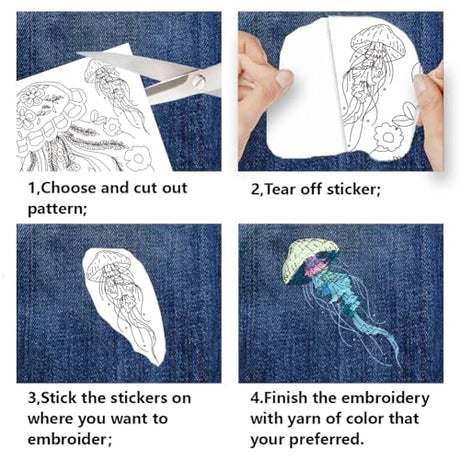 BENECREAT 4 Sheets 16 Pcs Jellyfish Water Soluble Embroidery Pattern, Stick and Stitch Embroidery Paper Wash Away Designs, Embroidery Starter for Beginners DIY Craft, Sewing Embroidery BENECREAT