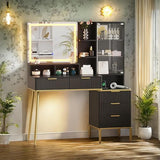 GlowSol Fluted Vanity Desk with Mirror and Lights, Makeup Vanity Desk with HD Mirror, 3 Color Adjustable Lighting, Power Outlet, 5 Drawers & Multi Shelves, Black Dressing Table for Bedroom GlowSol