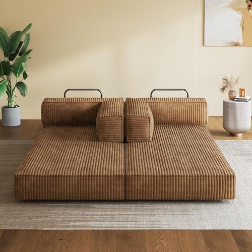WLIVE 87'' Futon Sofa Bed, Convertible Sleeper Sofa, Folding Pull Out Couch Boneless Mattress with Fixed Frame, Corduroy, with Storage Pocket, Brown WLIVE