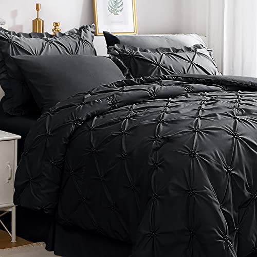 JOLLYVOGUE Black Twin Size Comforter Sets 5 Pieces, Pintuck Bed in a Bag Comforter Set for Bedroom, Bedding Comforter Sets with Comforter, Sheets,Ruffled Shams & Pillowcases JOLLYVOGUE