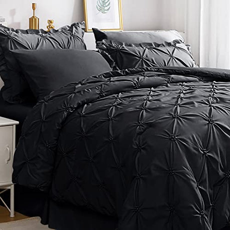 JOLLYVOGUE Black Twin Size Comforter Sets 5 Pieces, Pintuck Bed in a Bag Comforter Set for Bedroom, Bedding Comforter Sets with Comforter, Sheets,Ruffled Shams & Pillowcases JOLLYVOGUE