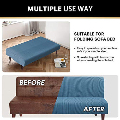 PrinceDeco Stretch Armless Futon Cover - Full Queen Size Sofa Slipcover - Furniture Protector With Elastic Bottom, Checked Pattern Jacquard, Dusty Blue PrinceDeco