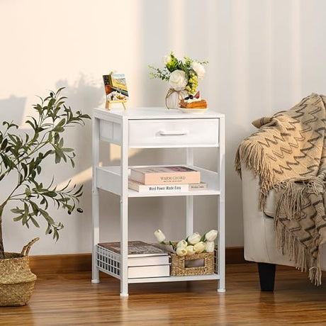 Lerliuo White Printer Stand with Fabric Drawer, 3 Tier Industrial Side Table, Modern Small Printer Desk Holder with Storage Shelf,Multi-Functional Bedside Tables for Home Office Fax Machine Scanner Lerliuo